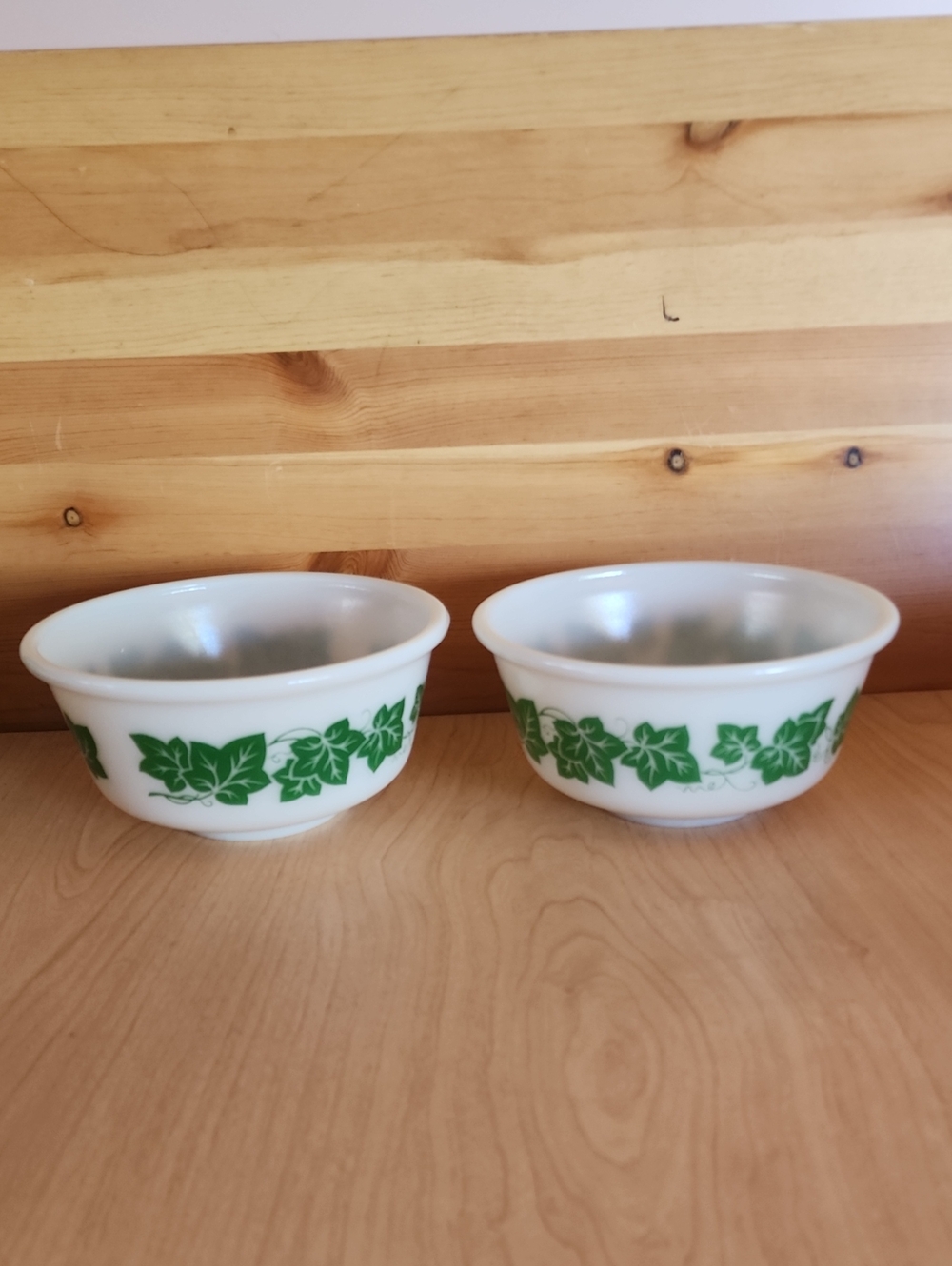 VTG Hazel Atlas Milk Glass mixing Bowls with Green Ivy Pattern.